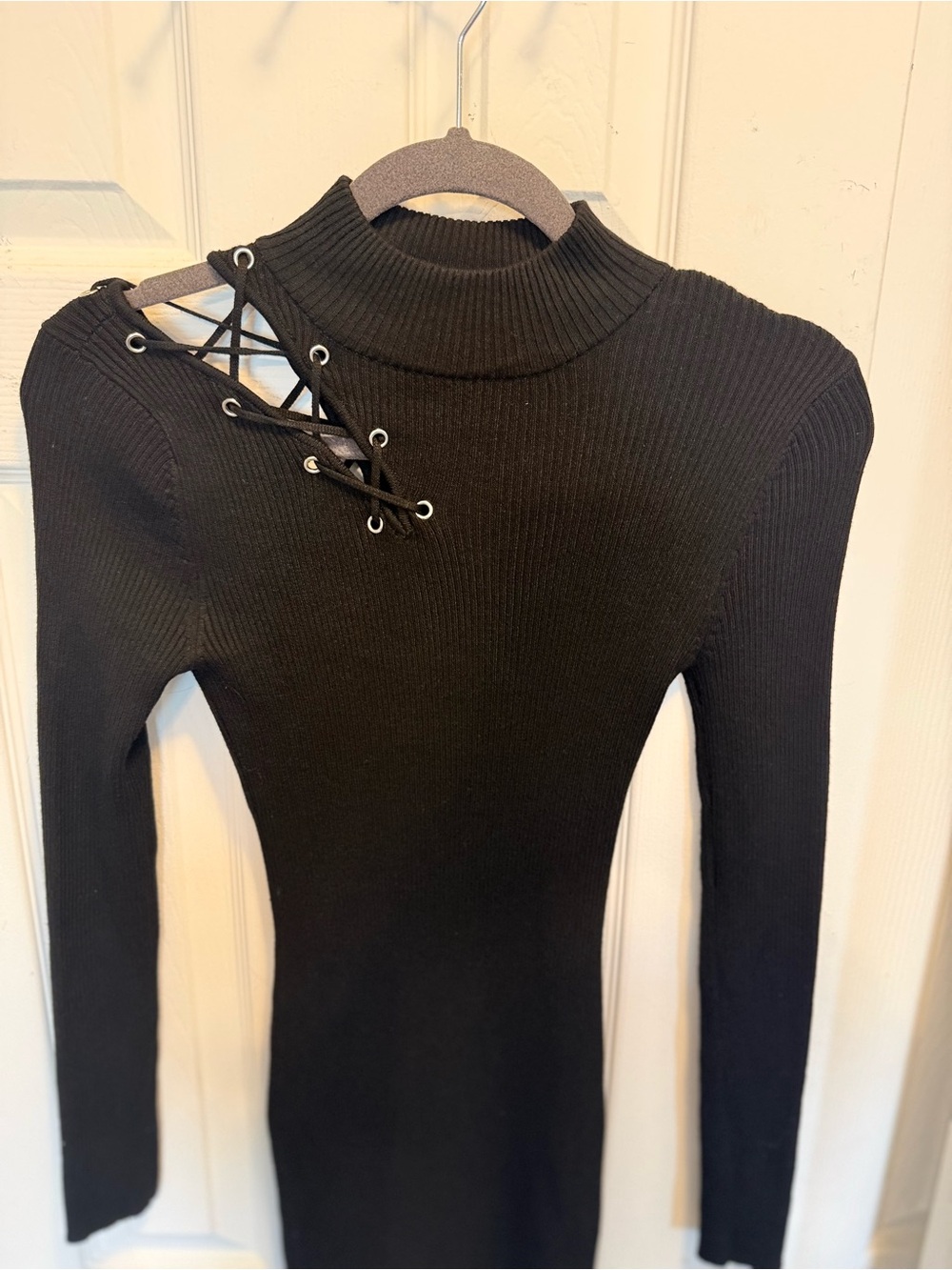 No Boundaries Jr. Size Small Black Ribbed Long Sleeve Dress w/ Lace-Up Shoulder